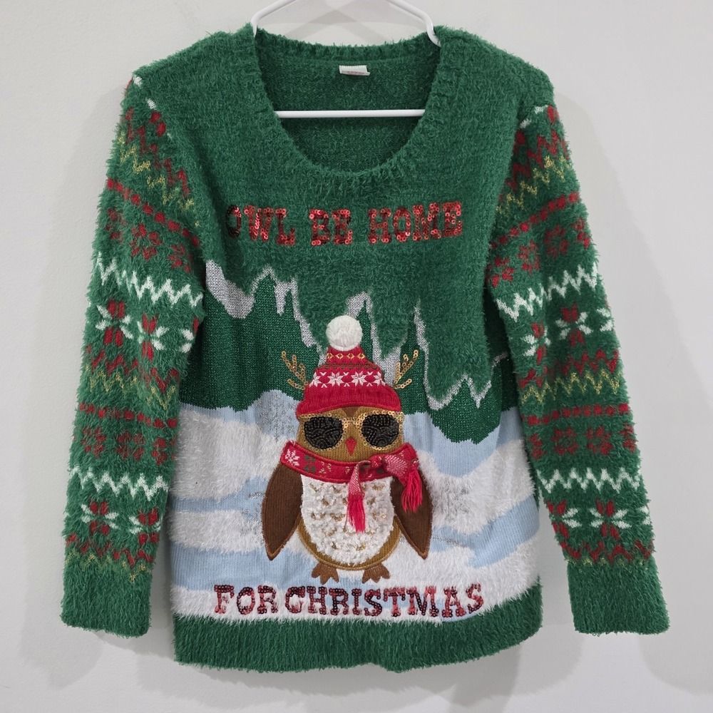 Holiday‎ Time Kids Ugly Christmas Sweater Size XL Owl Sequin Colorful Party